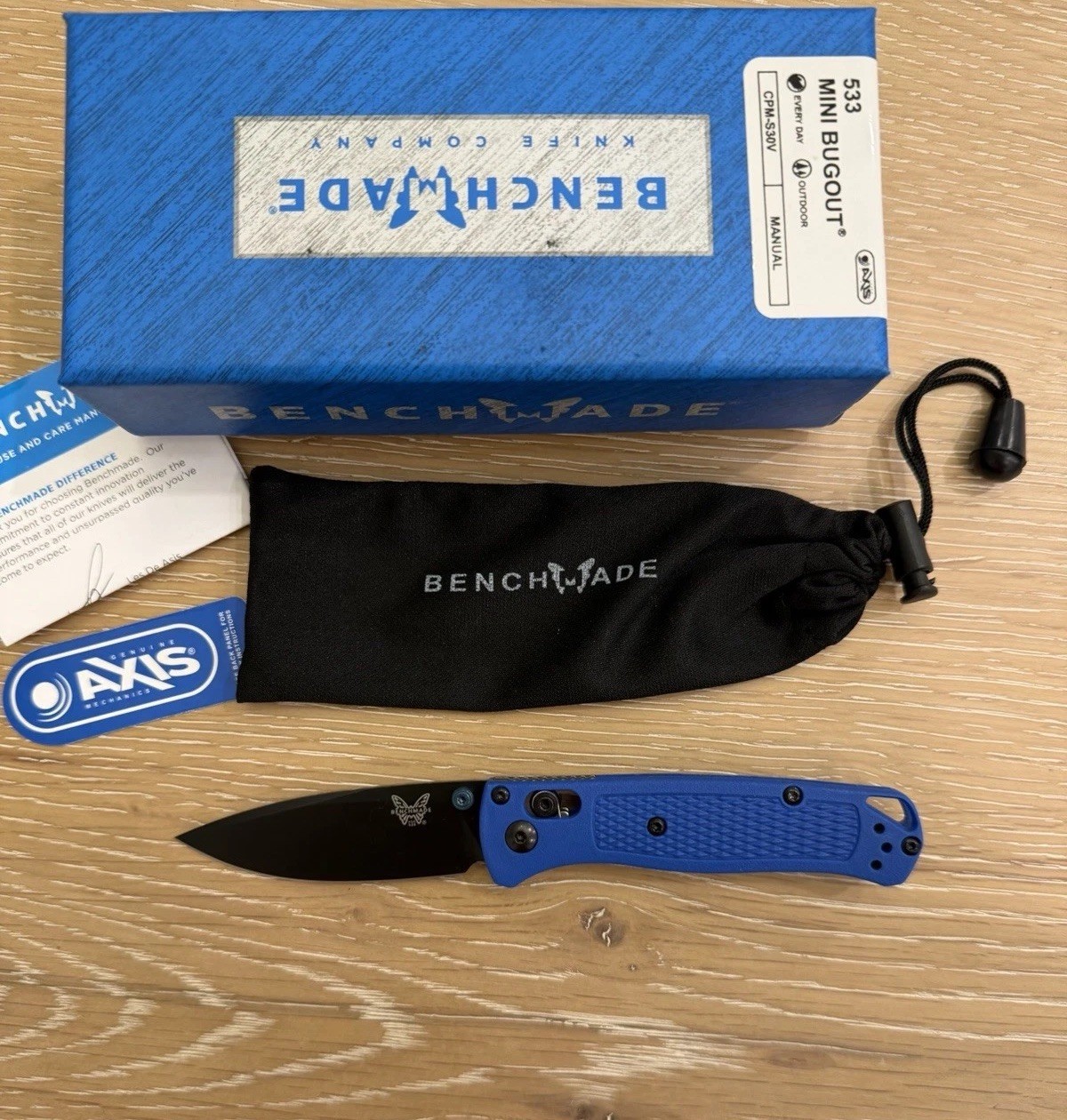 Benchmade 533 Mini Bugout Blue Grivory Handle Black Blade Folding Knife