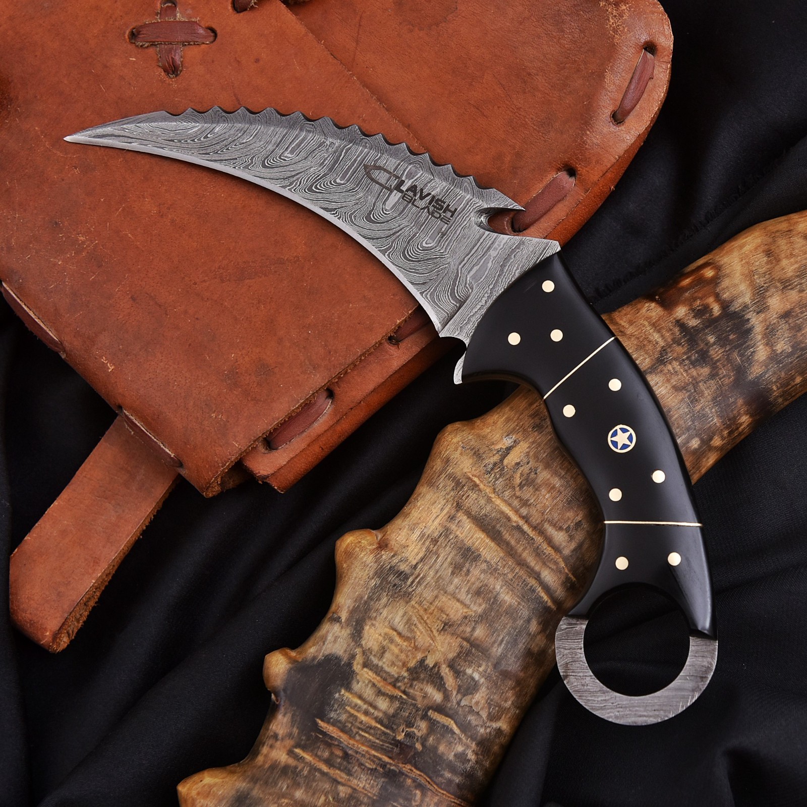 Handcrafted Damascus Karambit Knife Black Wood Hunting Survival Custom Sheath