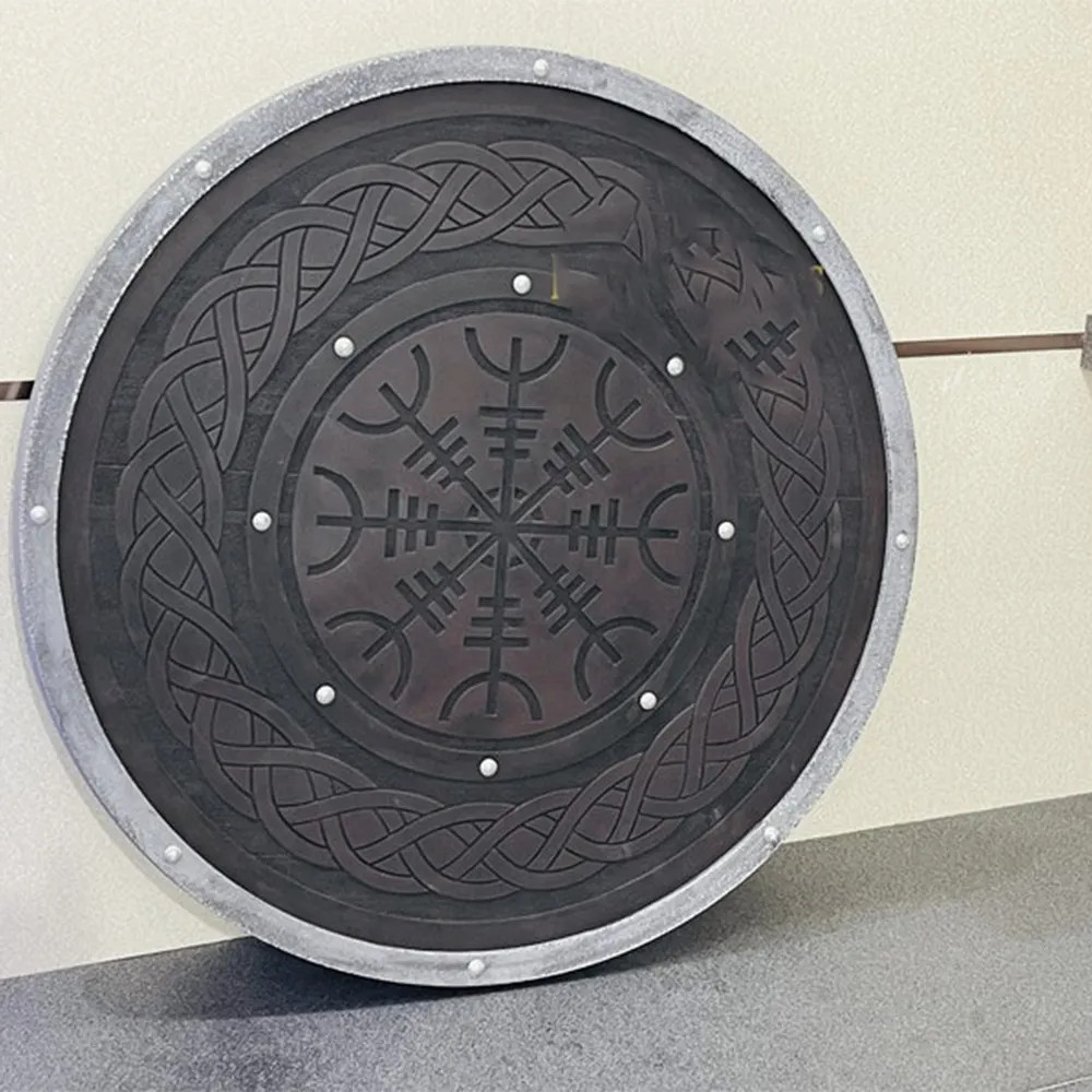 Yggdrasil Larp Warrio Carved Viking Shield: Handcrafted 24-Inch Wood and Metal
