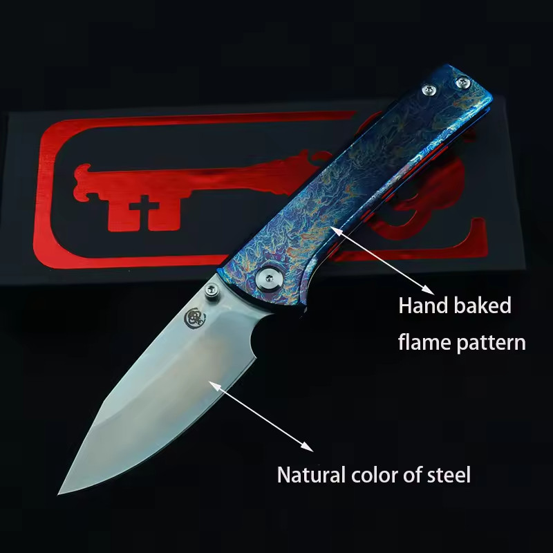 New TC4 Titanium Custom Anodized Blue Flame Pattern Handle Folding Pocket Knife