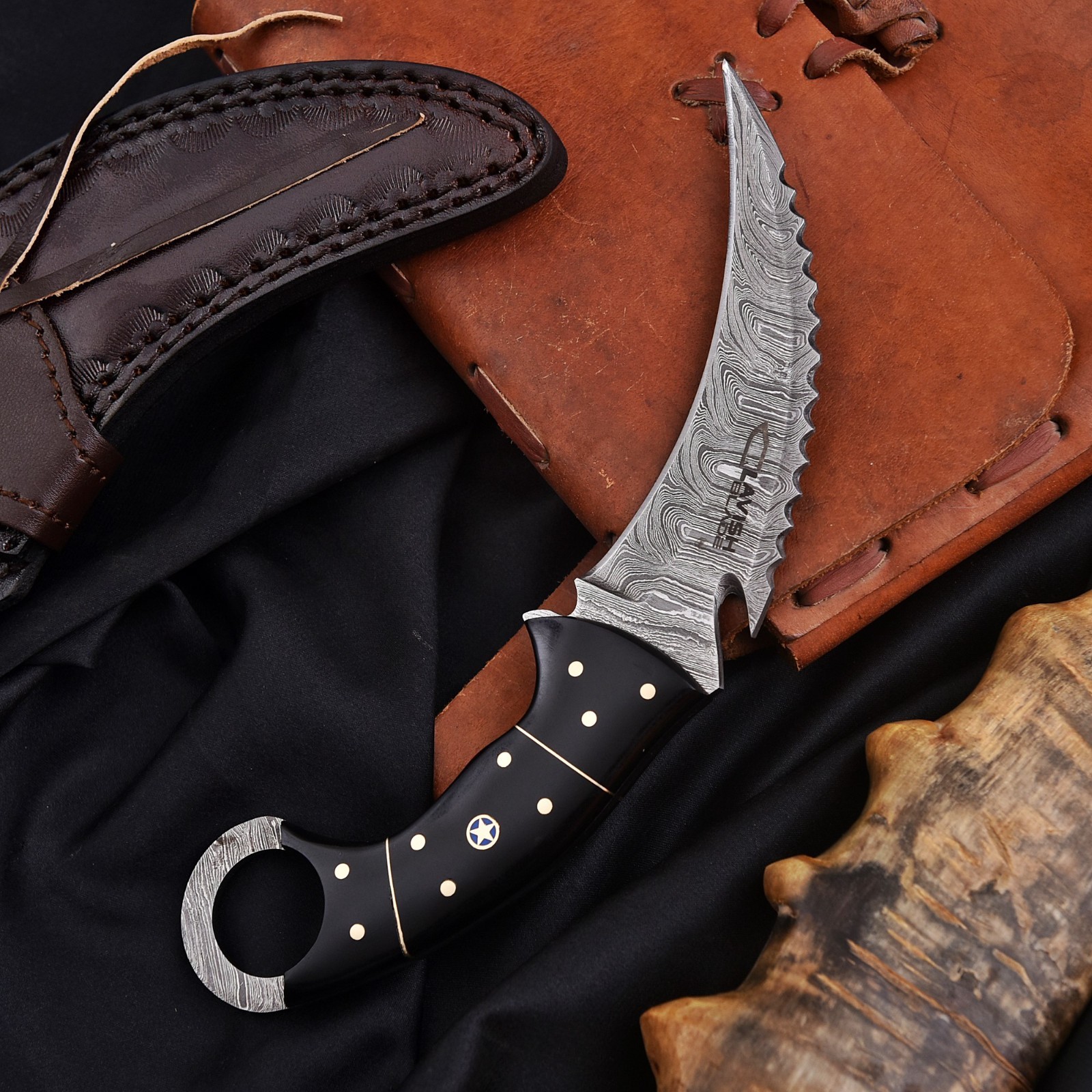 Handcrafted Damascus Karambit Knife Black Wood Hunting Survival Custom Sheath