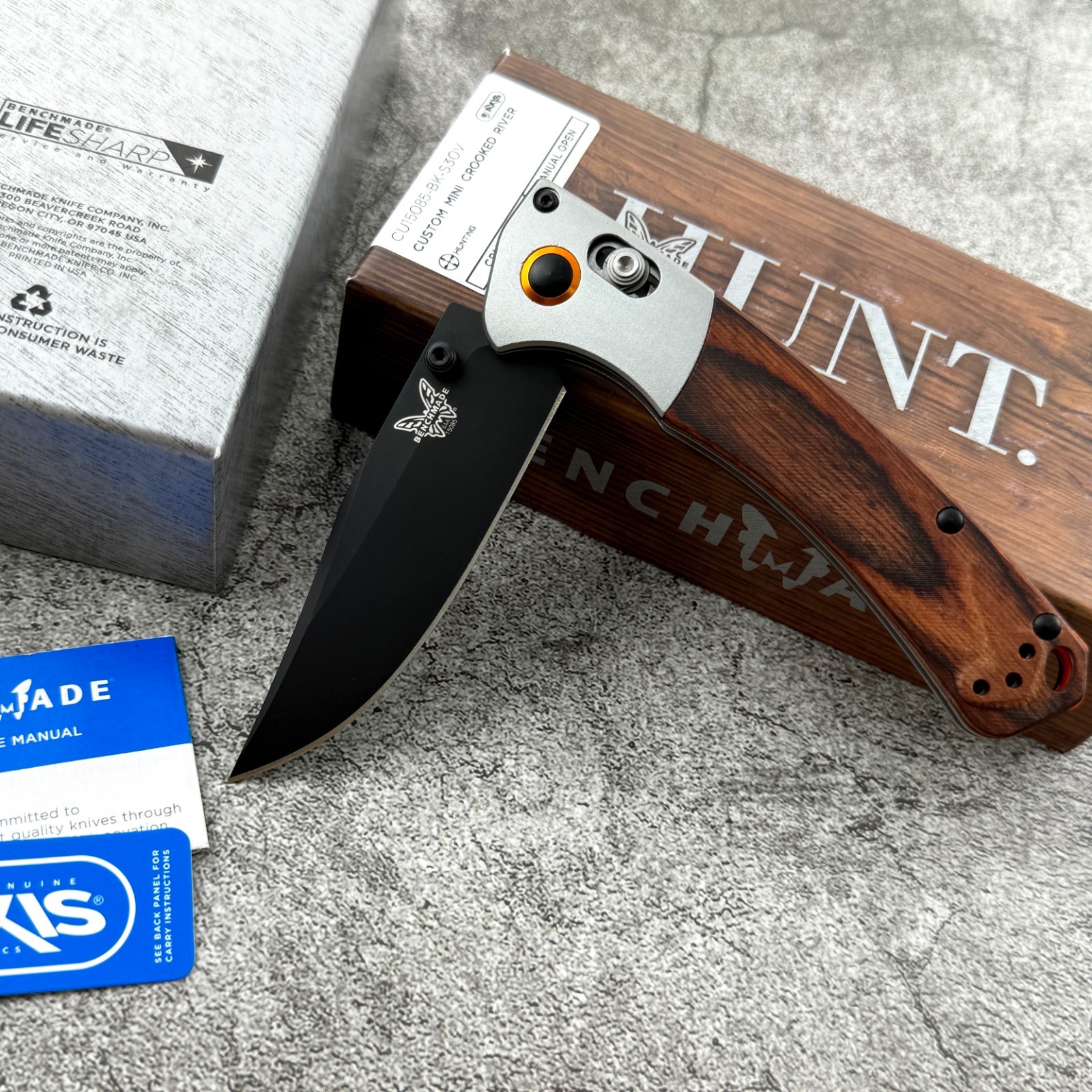 Benchmade 15085-2 Mini Crooked River Gray Aluminum Wood Clip-Point Folding Knife