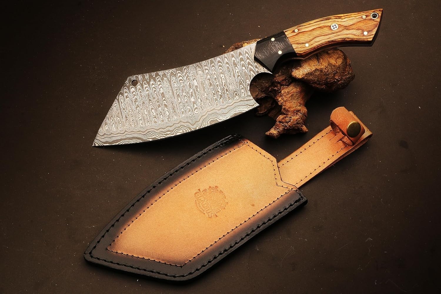 CUSTOM HANDMADE FORGED DAMASCUS STEEL CLEAVER MEAT CHOPPER BUTCHER KNIFE SHEATH.