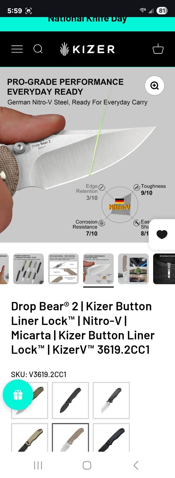 Kizer Drop Bear 2 Pocketknife Nitro-V Clip Point Plain Liner Lock Brown Micarta