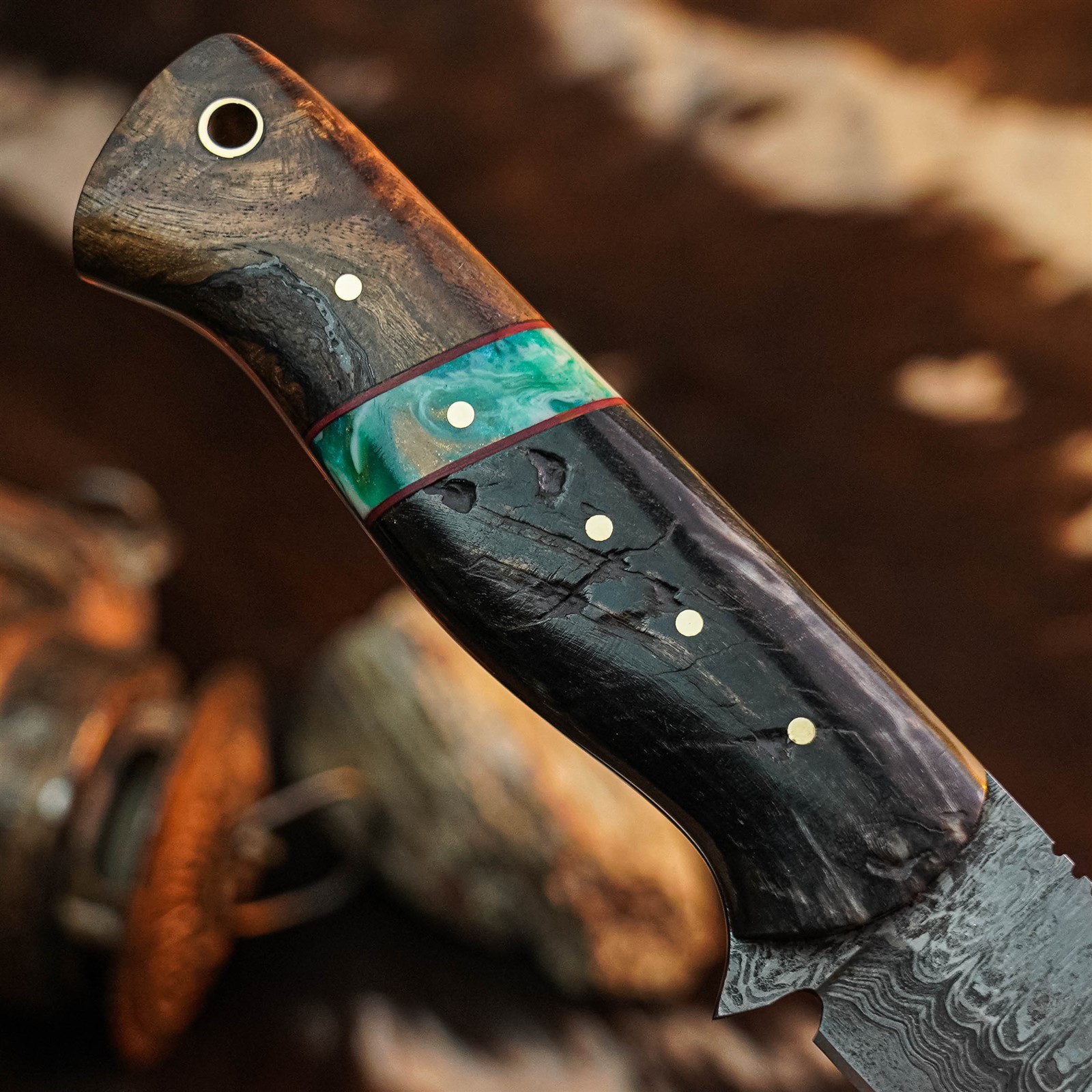 9.4″ Damascus Camping EDC Knife Full Tang Horn Handle Fix Blade + Sheath