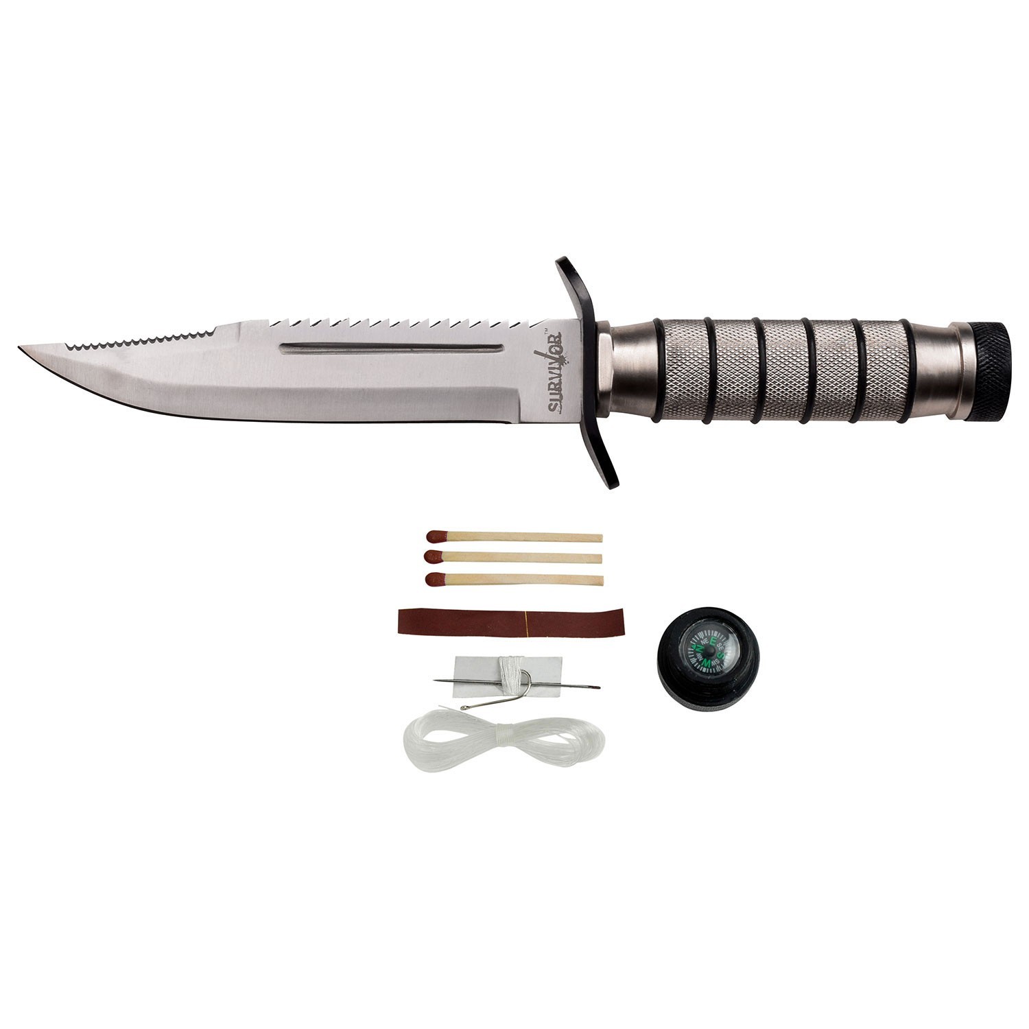Survivor Fixed Blade Knife w/Compass & Survival Kit-Aluminum Handle+Nylon Sheath