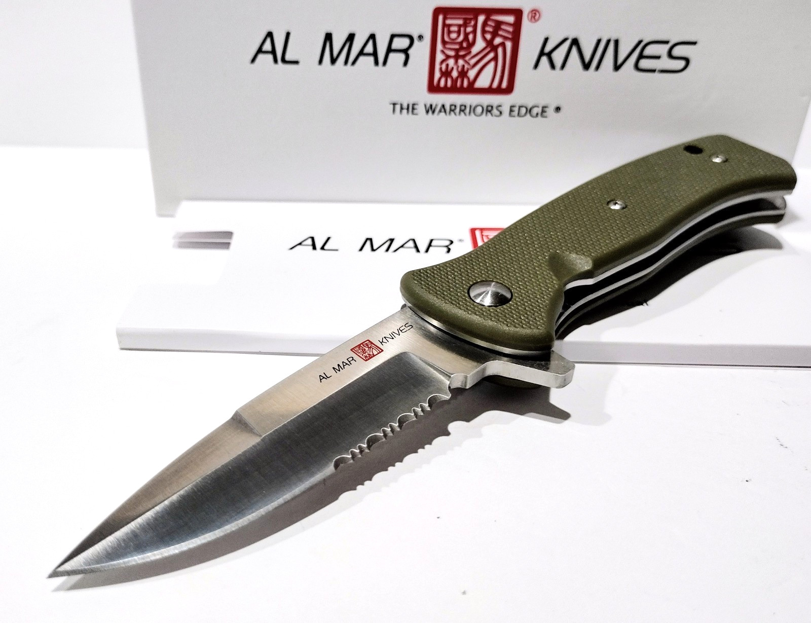 AL MAR 2020 Military OD Green Serrated Spring Open Assisted Combat Pocket Knife