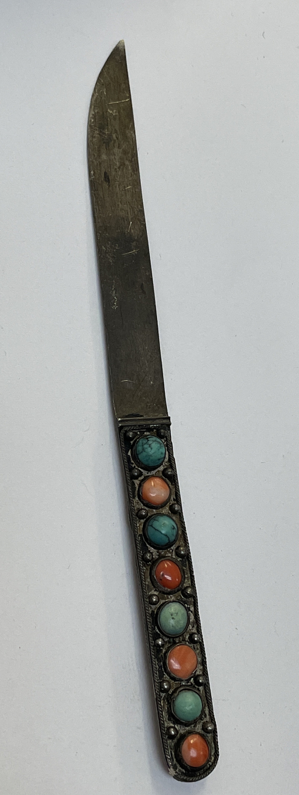 CHINA EXPORT LiU ANTIQUE TIBET SILVER CORAL TURQUOISE FIXED SINGLE BLADE KNIFE