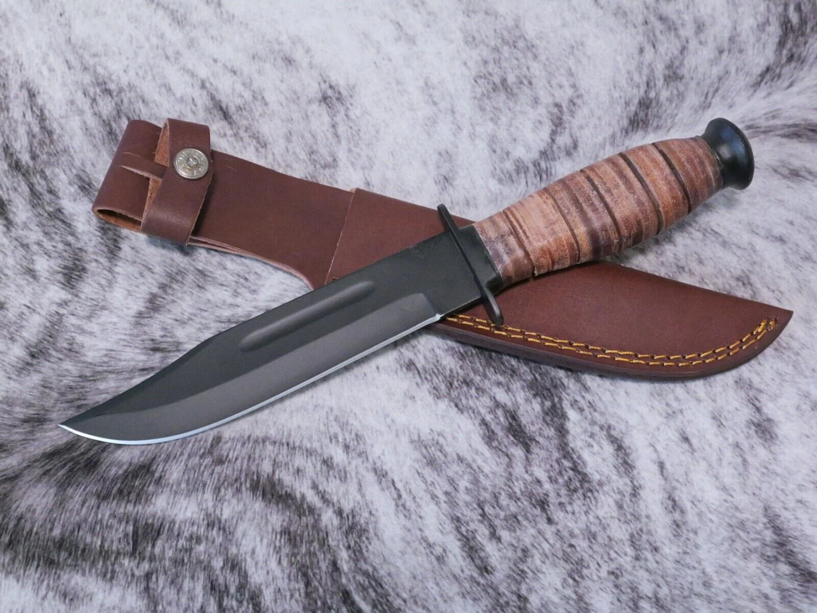 12″ Kbar Style Survival Combat Knife Military Marines Black Blade Leather Handle