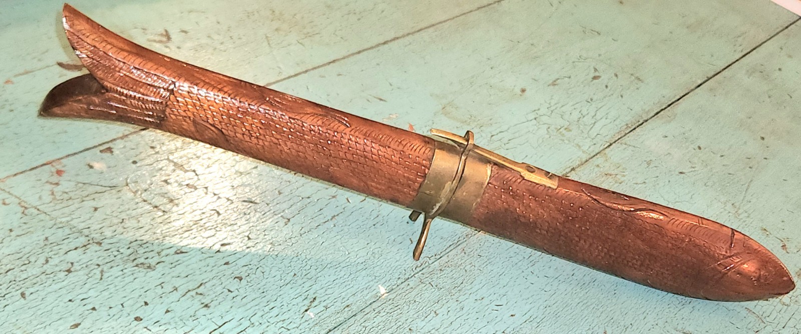 Carved Fish Knife Wood and Brass Vintage India