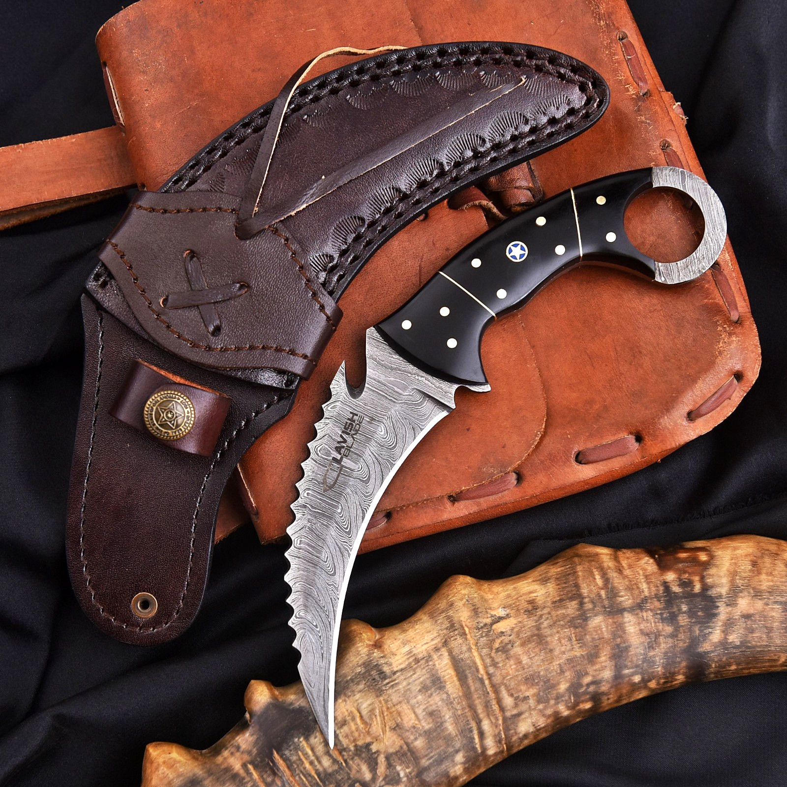 Handcrafted Damascus Karambit Knife Black Wood Hunting Survival Custom Sheath
