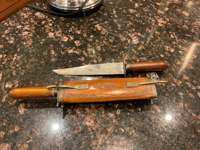 Vtg Decorative Knife & Fork Set In Wooden Hand Carved & Brass Casing India