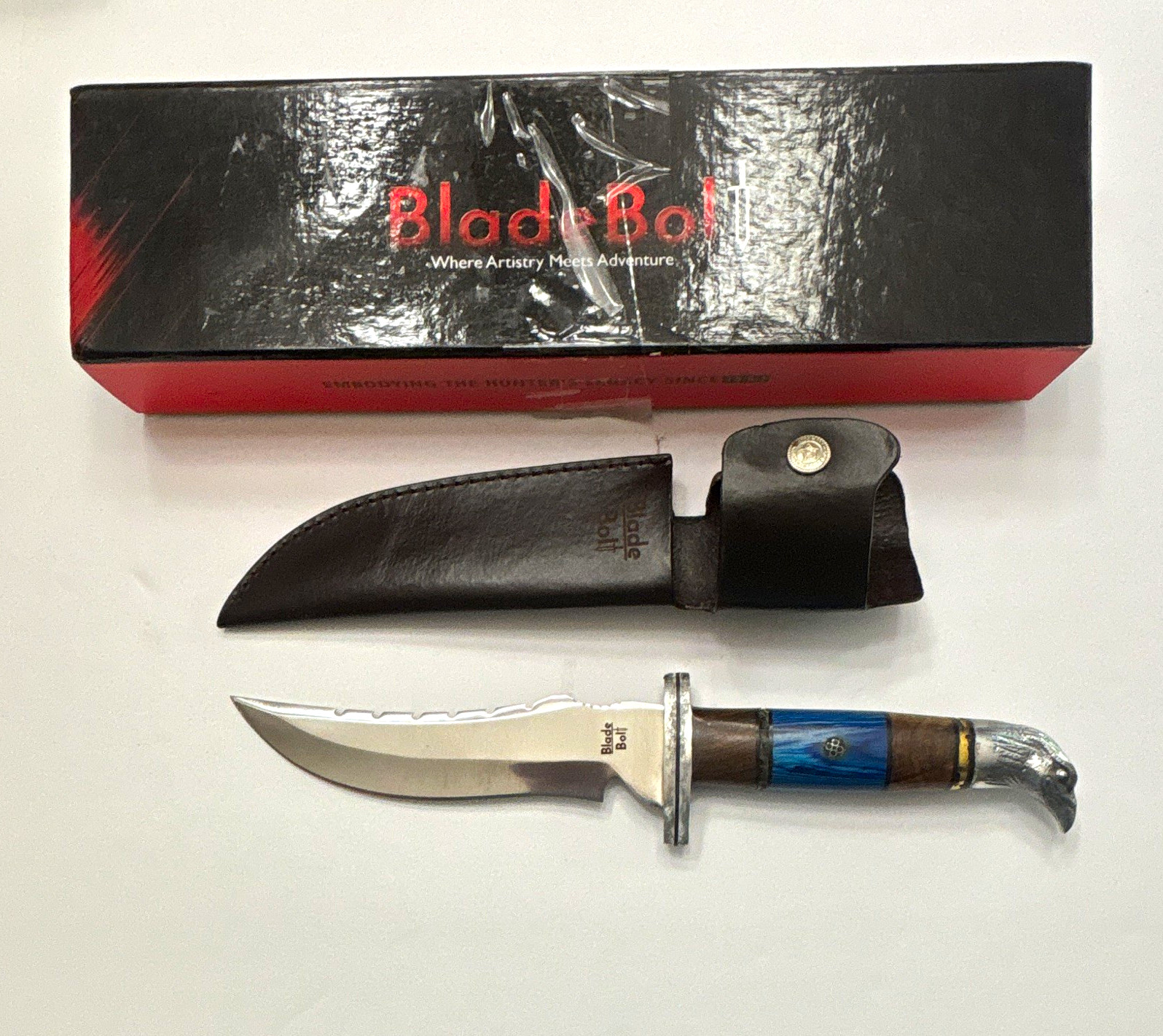 Blade Bolt Hunting Fixed Blade Knife Over 5in SS Clip Point Wood Full Tang