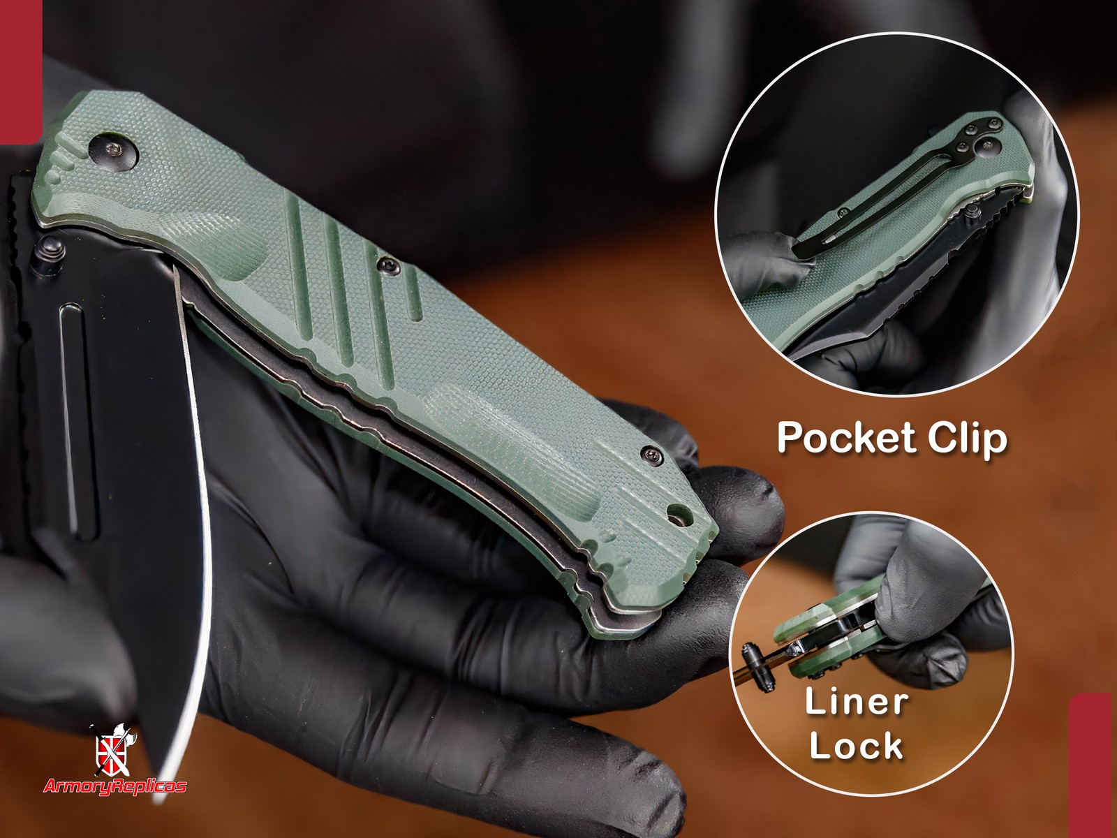 Ranger Assisted Tac Knife | Black Blade G-10 Green Composite Handle Clip Point