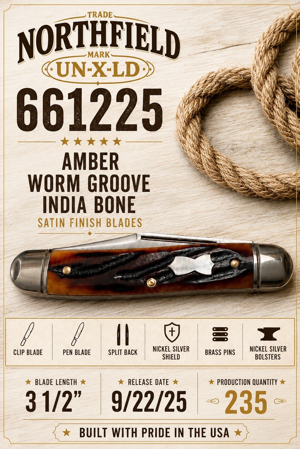 Great Eastern Cutlery GEC 661225 Amber Worm Groove India Bone Satin DH-2370