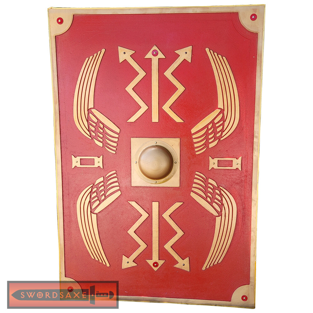Carved Roman Augustan Scutum Tower Shield Wall Floor Display 45″ x 31″ Red Gold