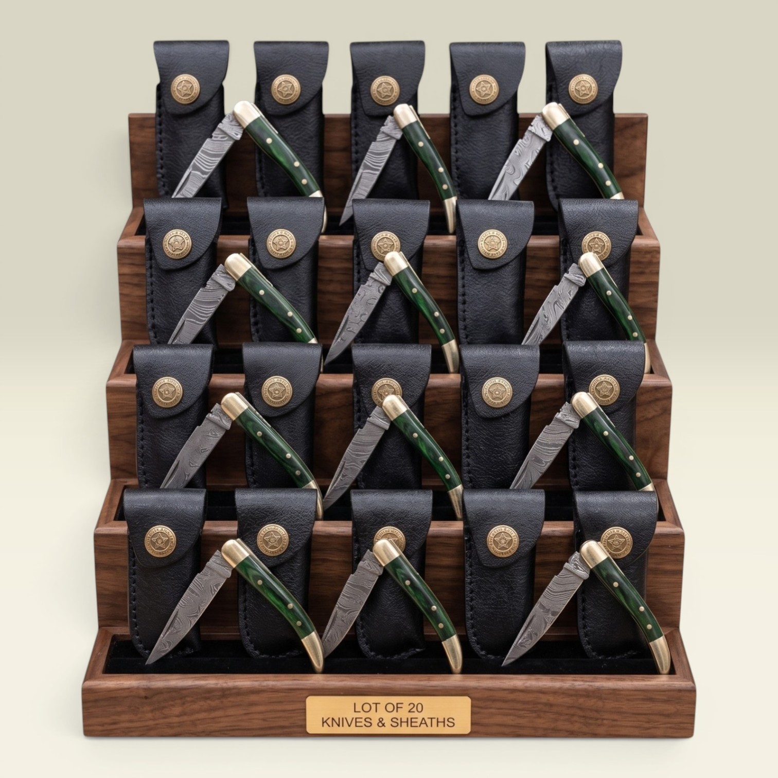Lot 20 Damascus Pocket Knives Green Wood Brass Slipjoint Folding Knives & Sheath