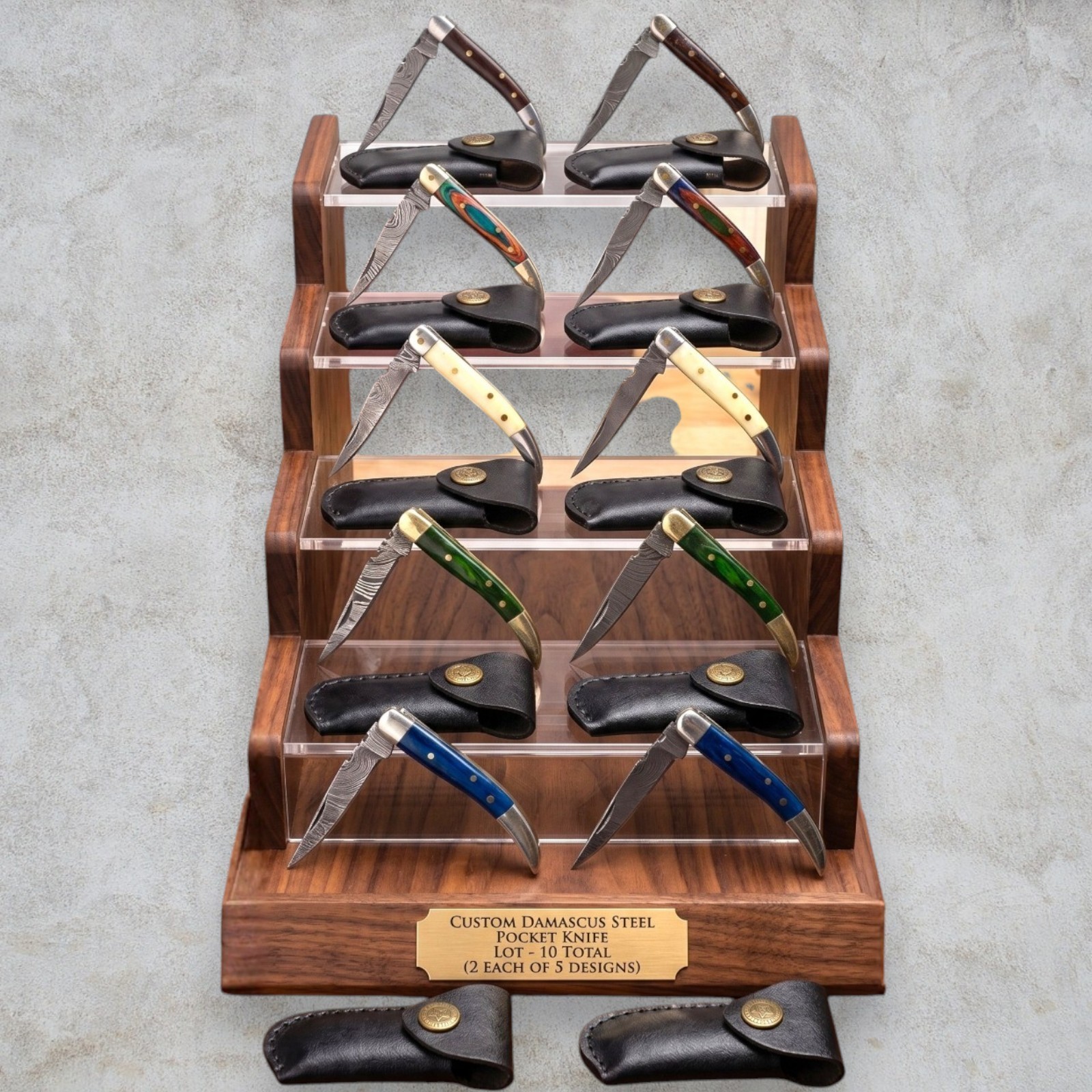 10pc Custom Damascus Steel Folding Pocket Knives Bulk Lot Exotic Wood Bone EDC