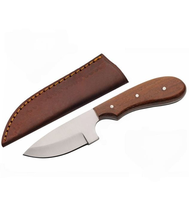 Hunting Knife | 7″ Full Tang Drop Point Blade w/ Wood Handle + Leather Sheath