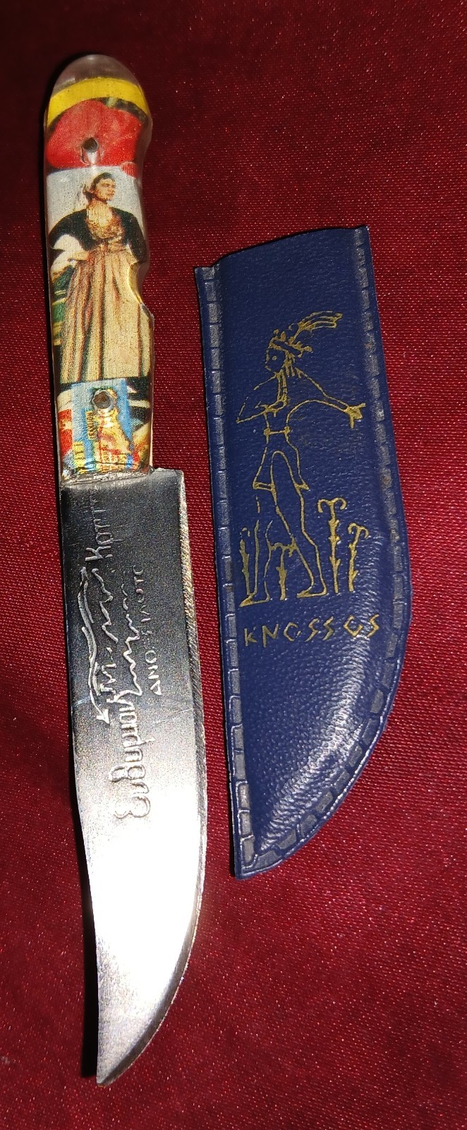 Vintage 1960s Knife Greek Knossos Crete Greece with Sheath Design Handle 5″ EUC