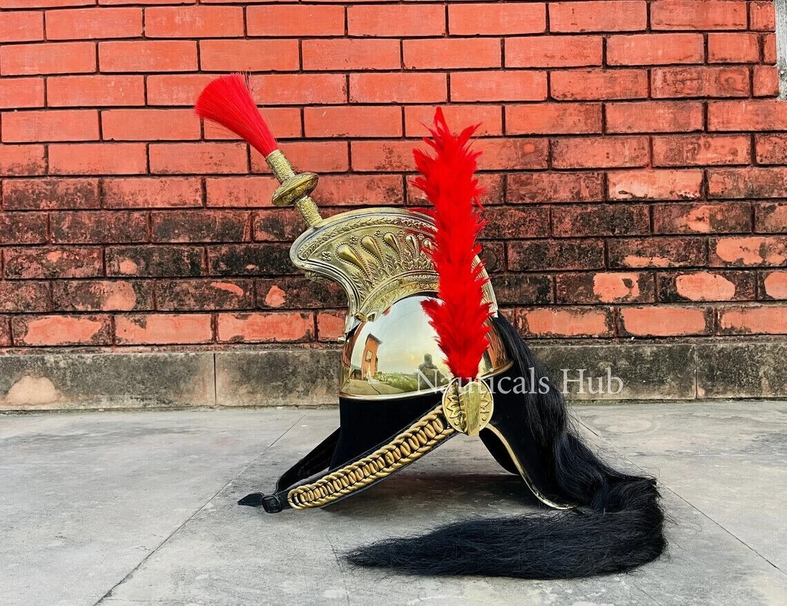 Pickelhaube Napoleon Helmet With Long Black Golden,Black Brass French Cuirassi
