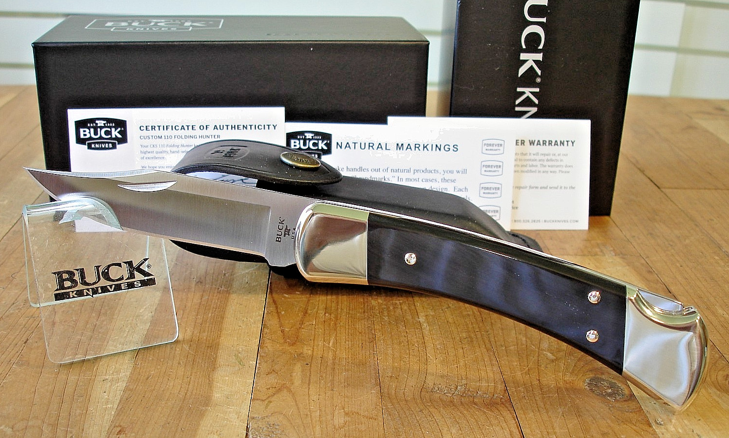 NIB BUCK KNIFE 110 HUNTER BOS MAGNACUT BLADE BLACK BUFFALO HANDLE NICKEL SILVER
