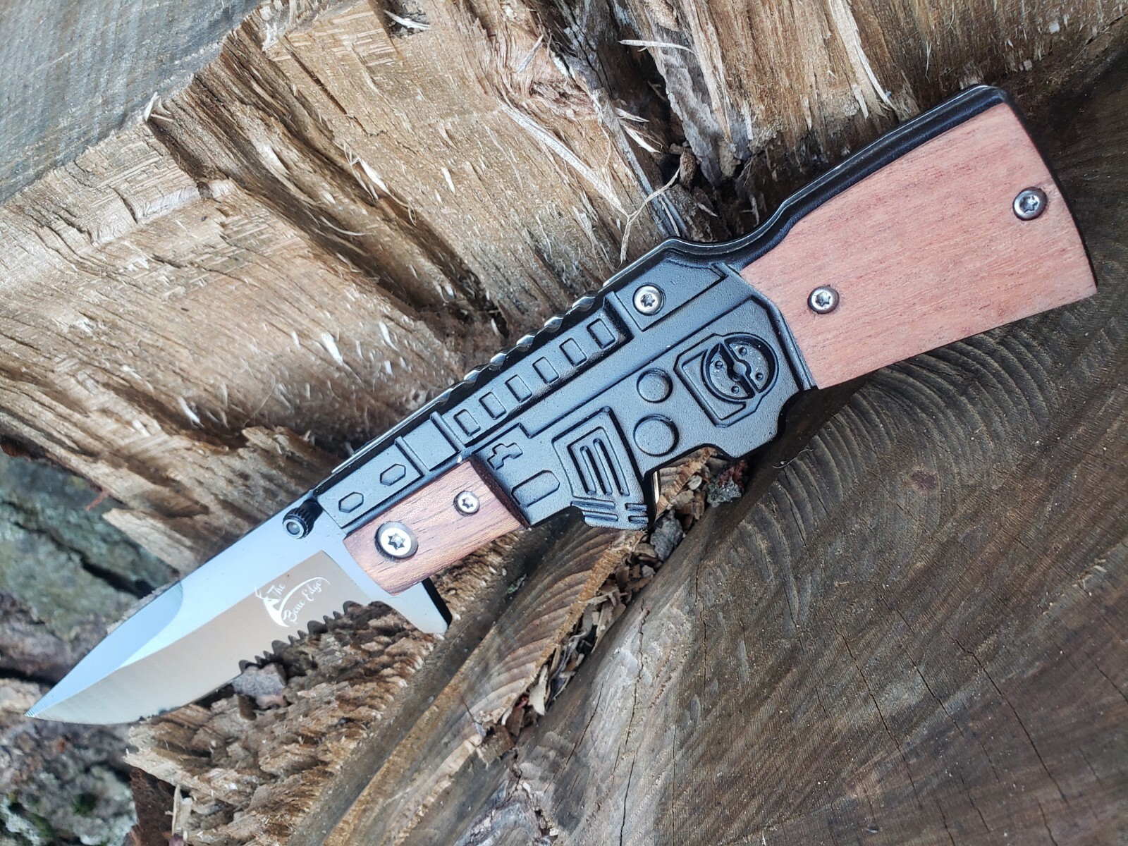 Machine Gun Serrated Pocket Knife Thumb Stud Legal EDC Navy Marines US Seller👀