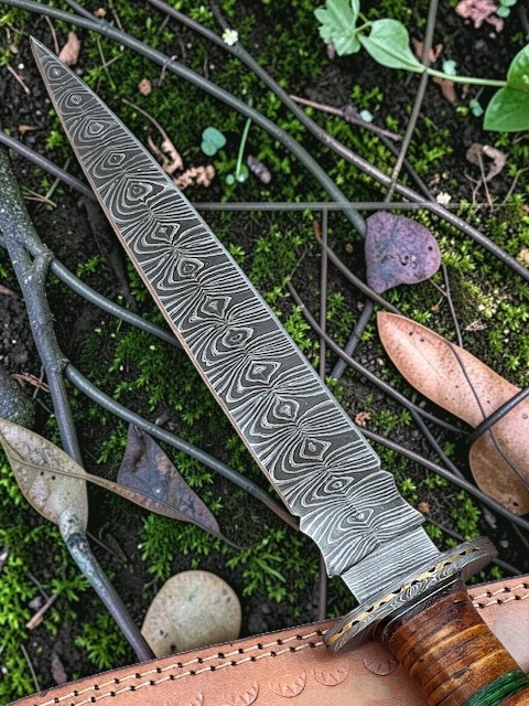 Custom Handmade Damascus Steel 15 Inches Dagger Knife – Leather Handle w Brass