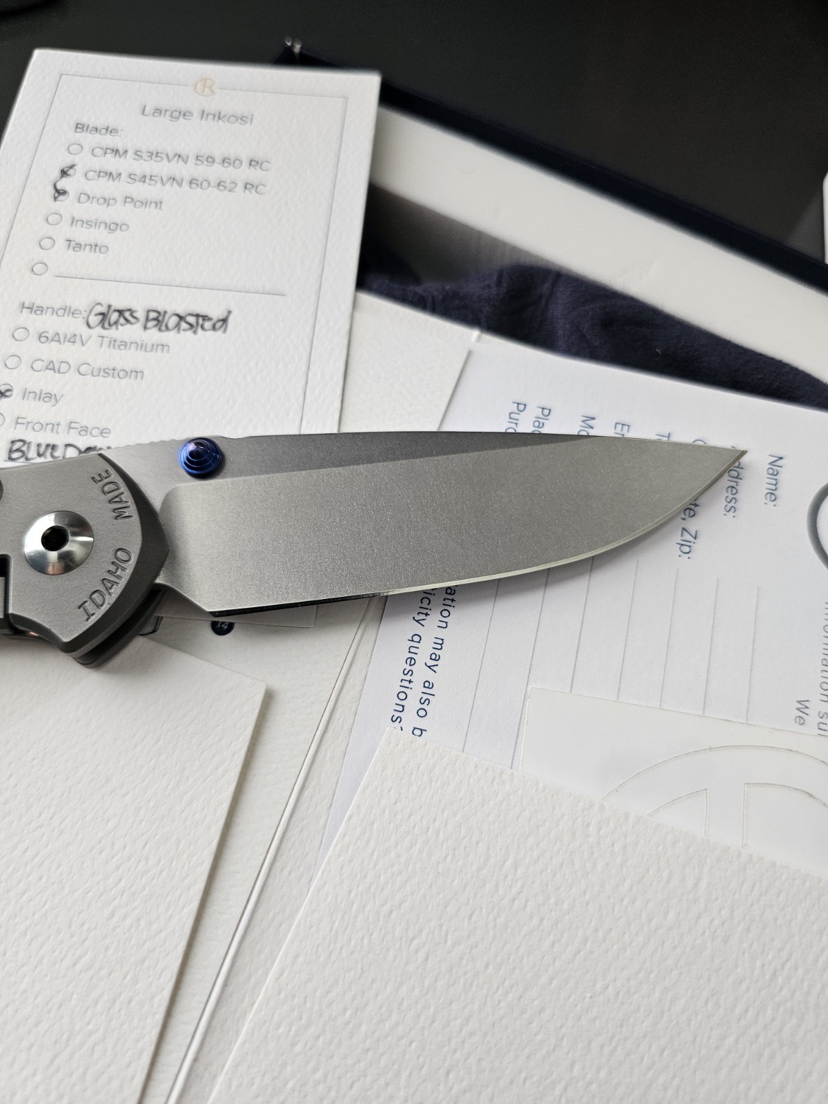 Chris Reeve Large Inkosi BIue Denim Micart Inlay S45VN Drop Point