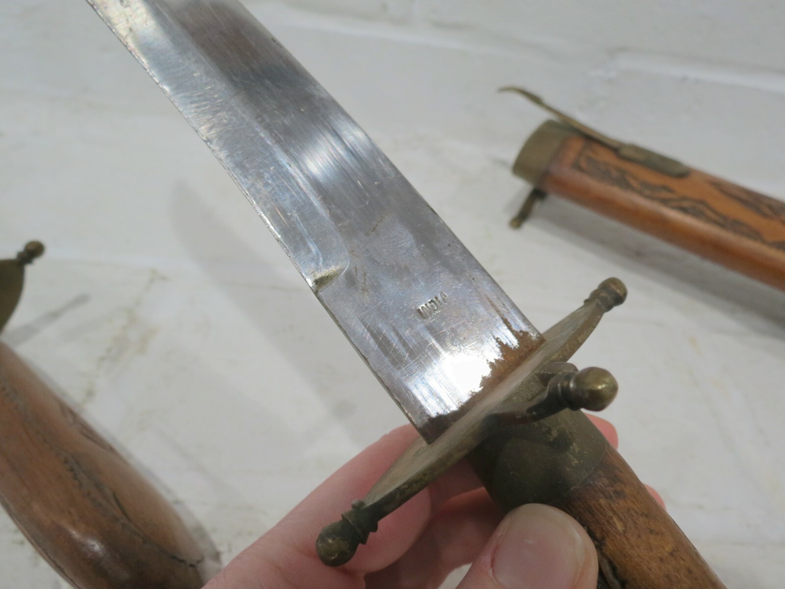 Vintage Carving Knife and Fork w/ Wooden Sheath India Brass Ornate Utensils Set