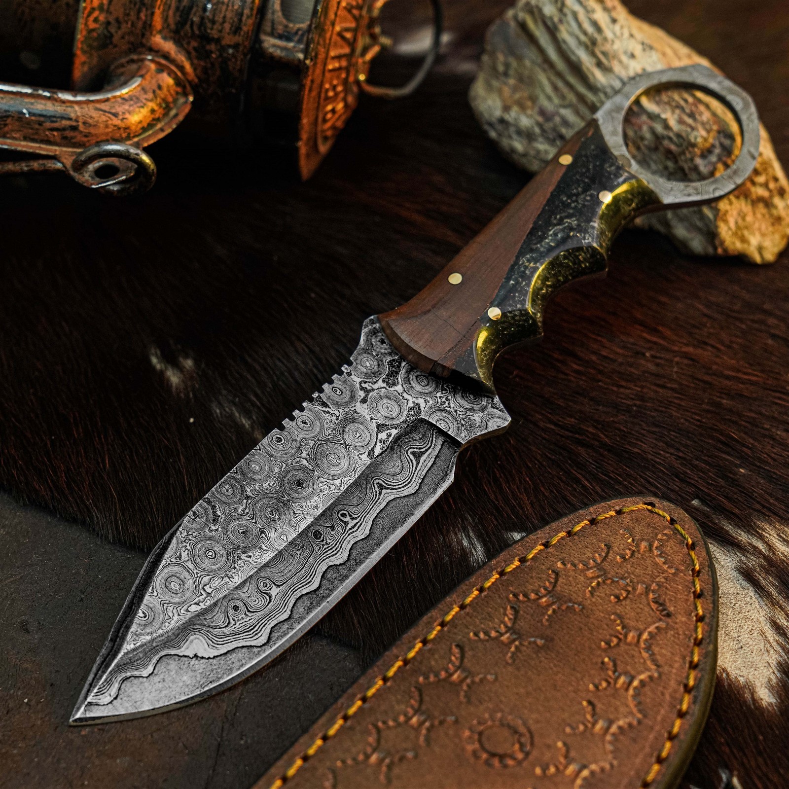8.0″ Damascus Hunting Knife Full Tang Wood Handle Fix Blade + Sheath