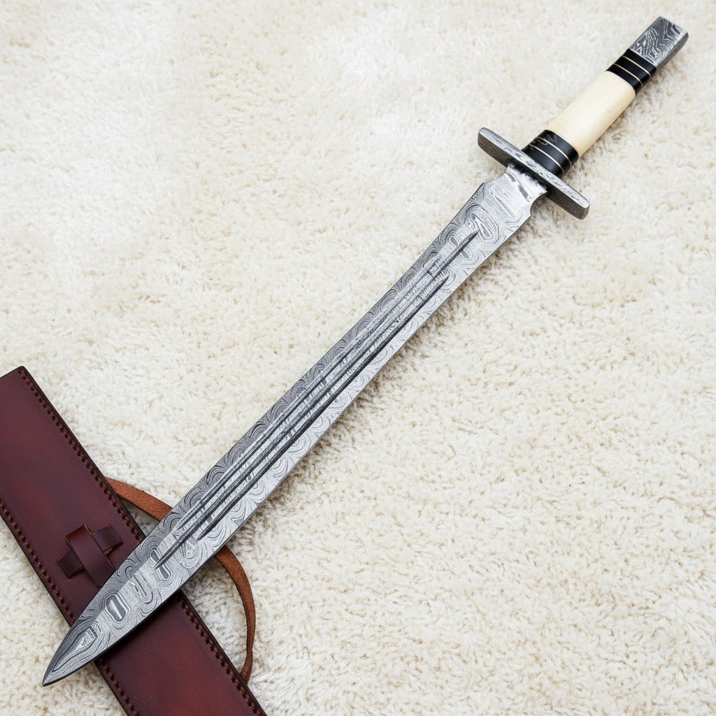 Hand Forged Damascus Steel Battle Ready Viking Sword With Sheath, Medieval Style
