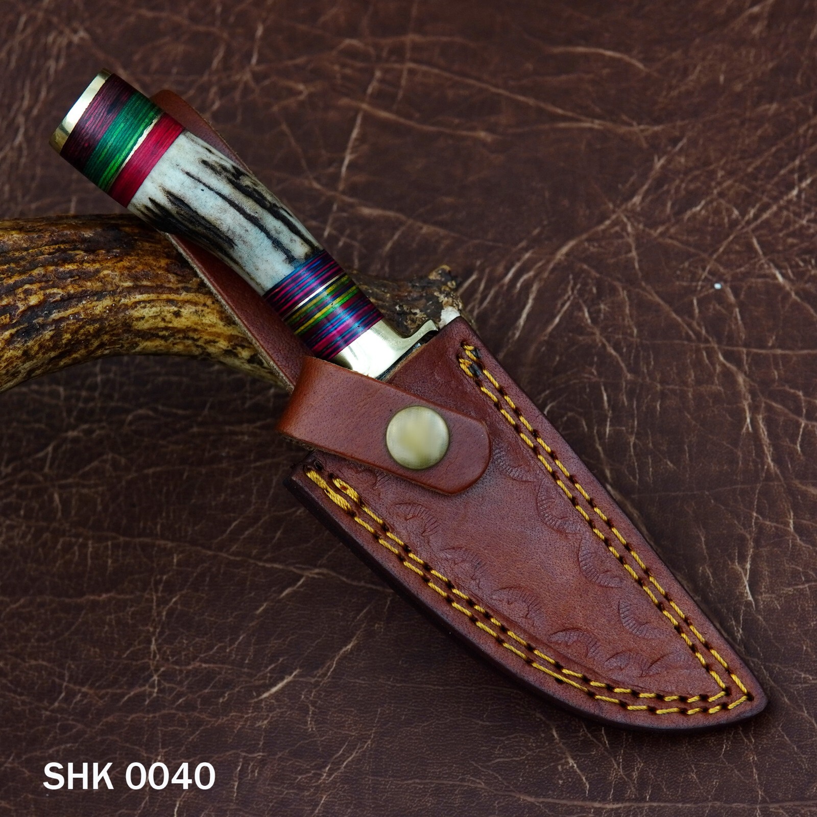 8″ CUSTOM HANDMADE DAMASCUS HUNTING SKINNING KNIFE DEER STAG Handle Brass Guard
