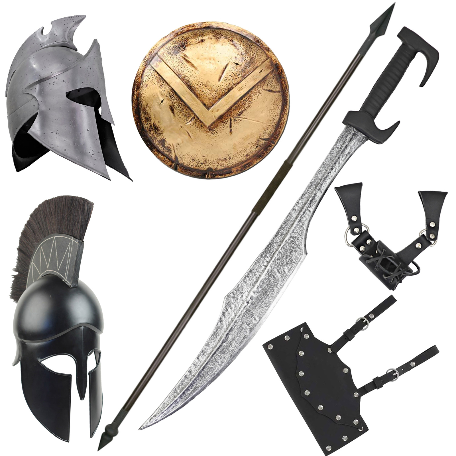 Hand Forgan Carbon Steel Medieval 300 Spartan Sword, Helmet, Spear, and Shield