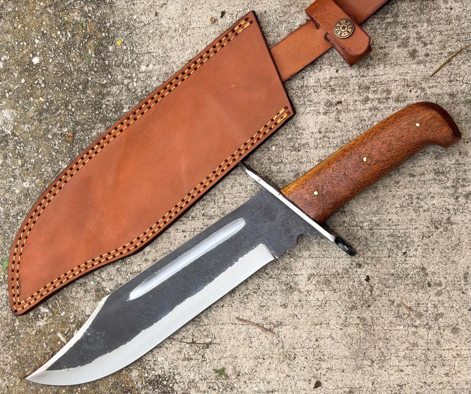 15” Hand Forged Classic Bowie Knife Wood Handle Carbon Steel Leather Sheath EDC