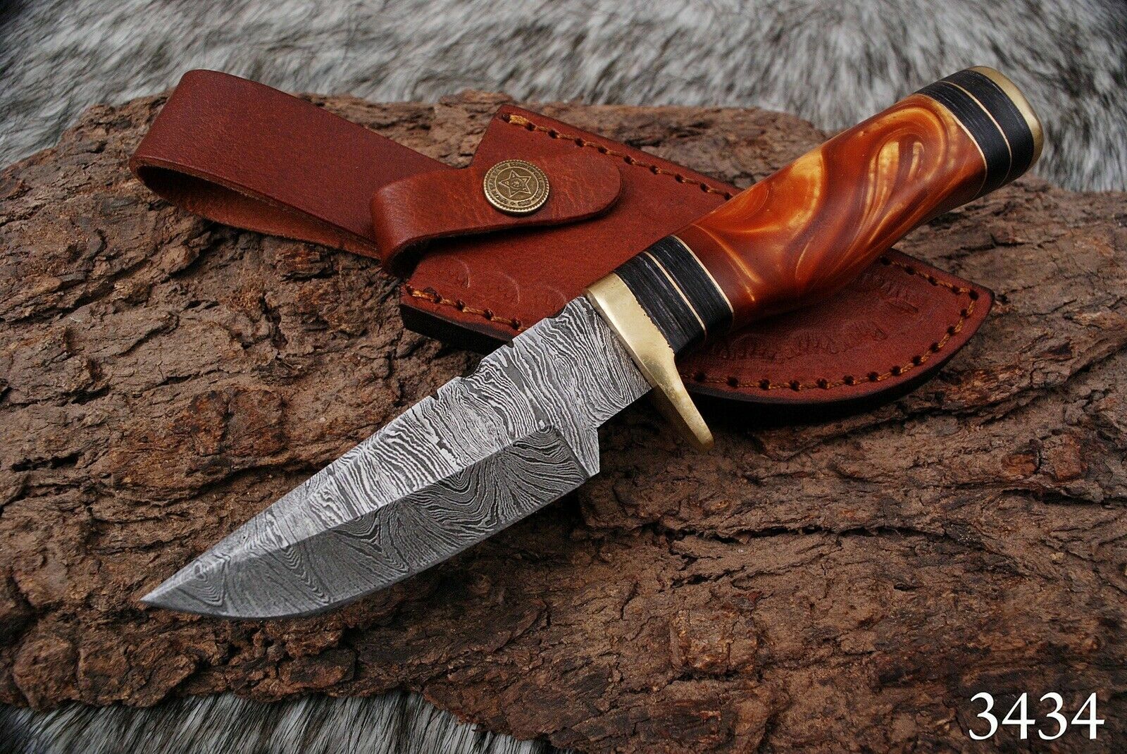 CUSTOM HAND FORGED DAMASCUS Steel Hunting Knife W/Resin & Brass Guard Handle