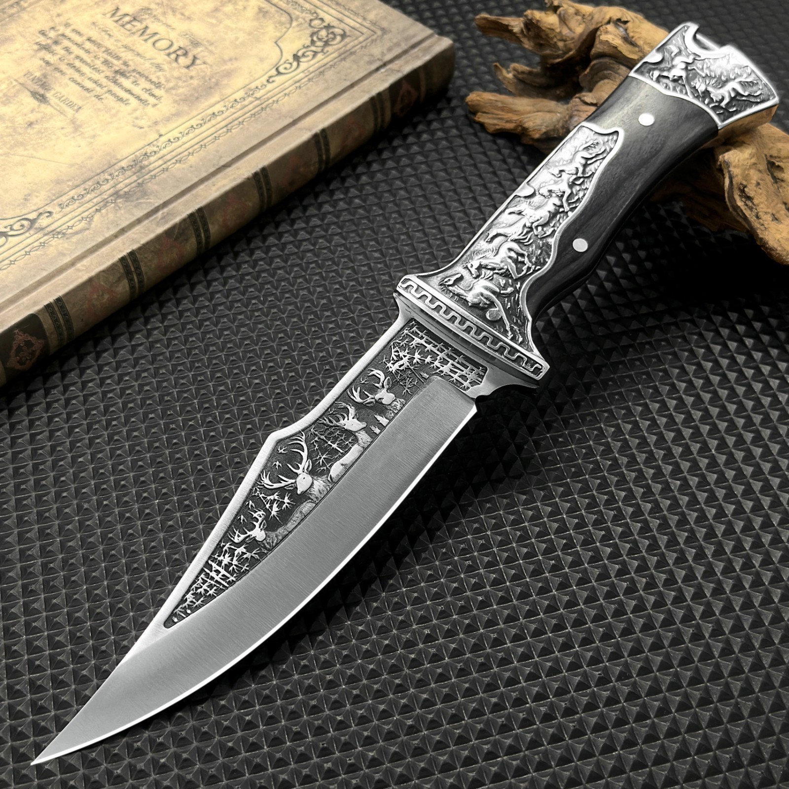 12Inch Fixed Blade Knife Comfort Grip Deer Embossed Design Nylon Sheath Included