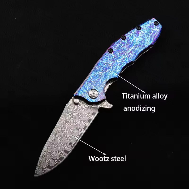 Damascus TC4 Titanium Alloy Anodized Blue Handle Outdoor Camping EDC Pocketknife