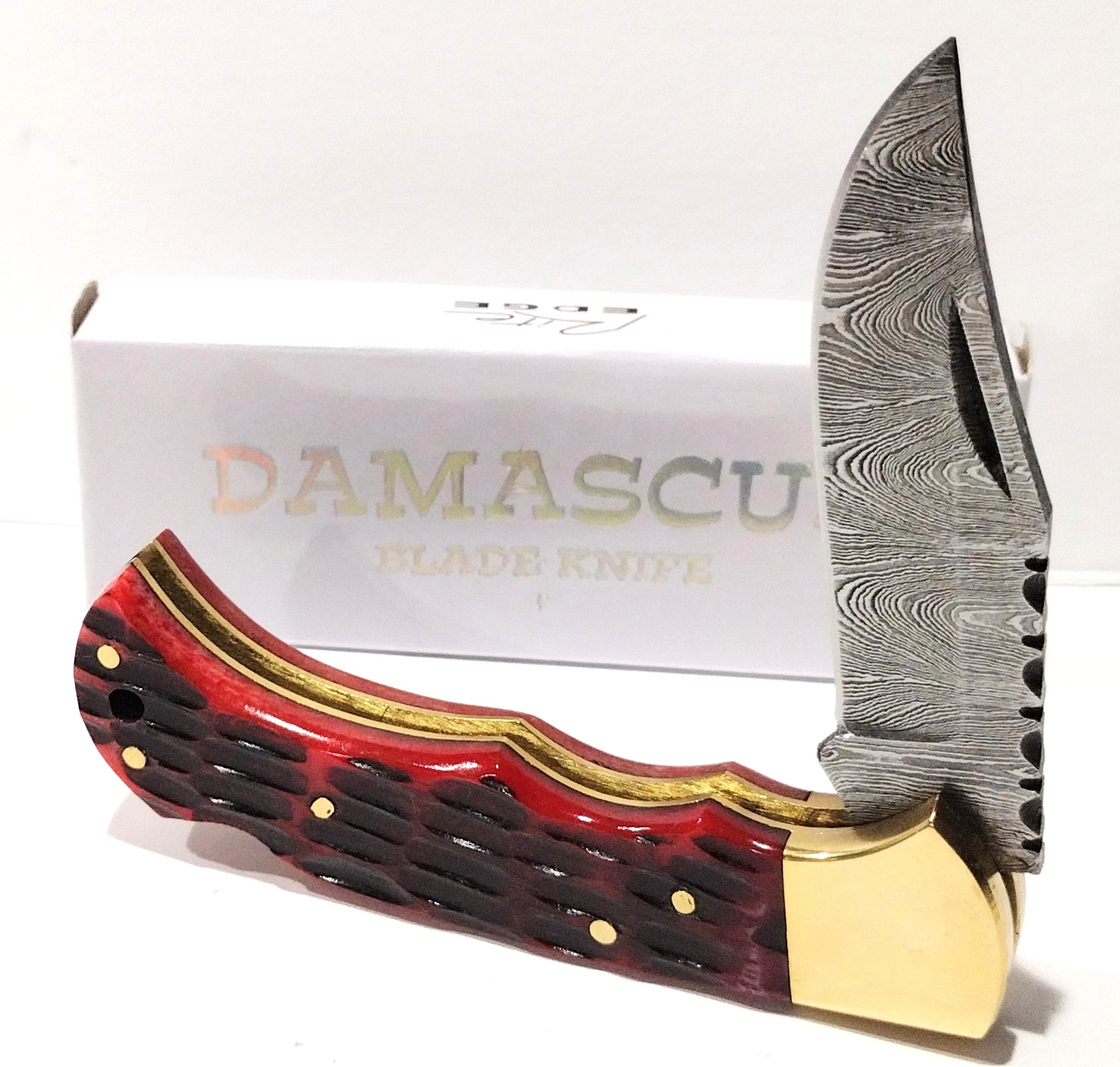 RITE-EDGE Red Jigged Bone Damascus Steel Clip Point Locback Folding Pocket Knife