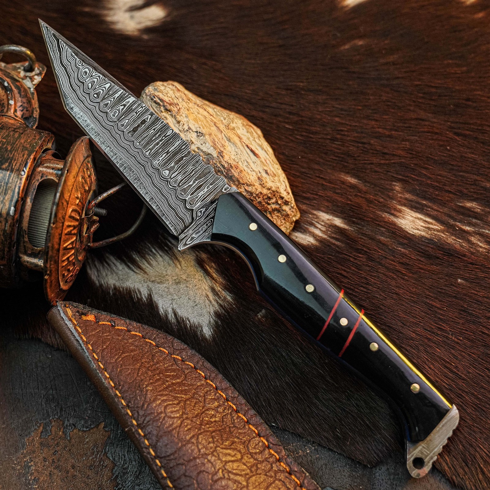9.0″ Damascus Hunting Knife Full Tang Wood Handle Fix Blade + Sheath
