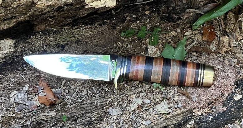 Handmade Straight Edge Hunting Knife: 440c Stainless Steel, Stacked Leather Grip