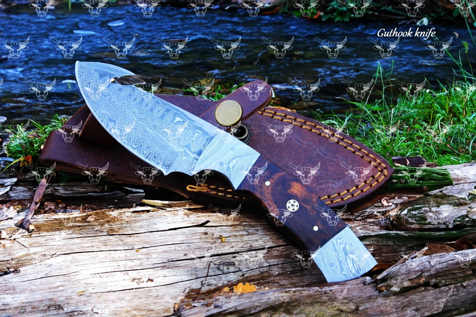 hand carved Damascus Steel Bowie Hunting Knife Rose Wood Handle W/ Sheath gift