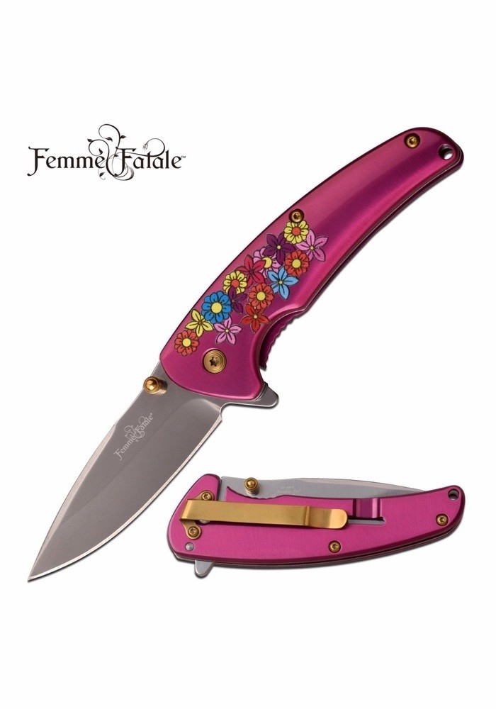 7” Mini Pocket Knife Flowers Design Pink Ladies Gold Pocket Clip Pretty Girly