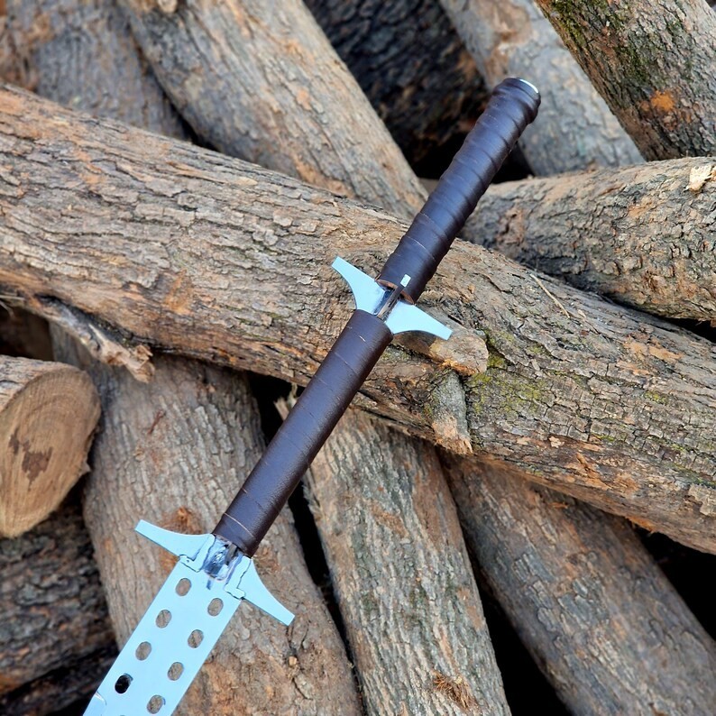 Handmade Fantasy Sword Double Hand Grip Leather Wrap Handle Perforated Blade