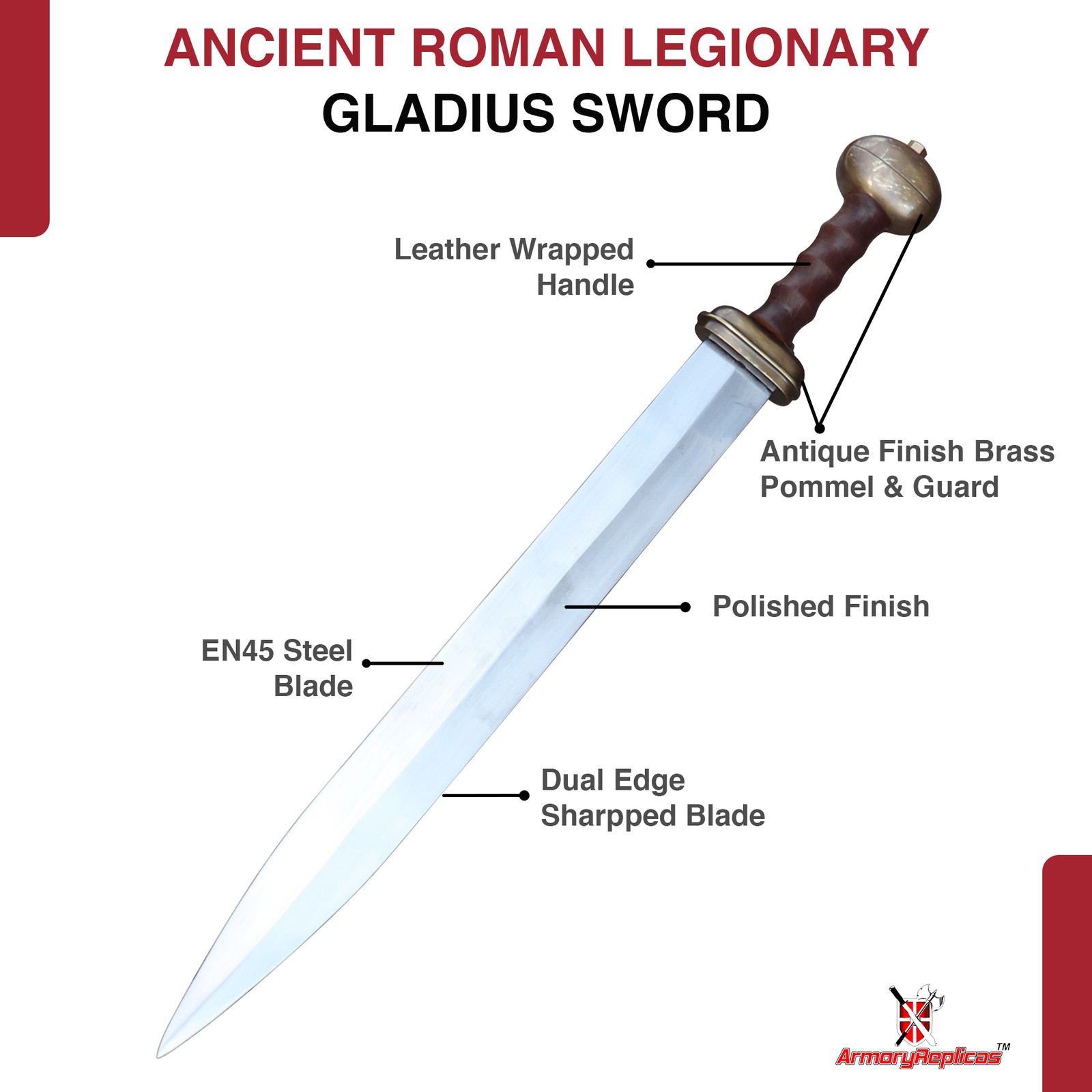 Ancient Roman Medieval Legionary Soldier Full Tang Gladius Sword with Scabbard