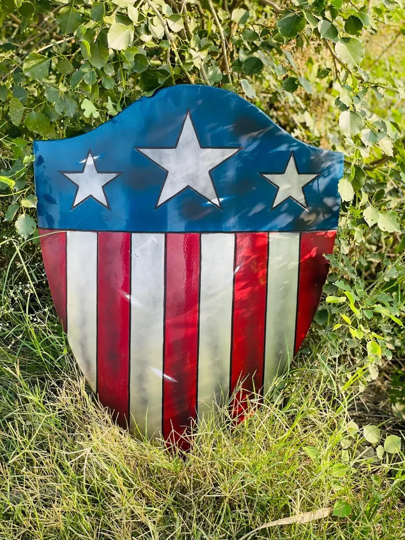 Captain America Shield: Battle Damaged Aluminum, Leather Straps – 19.5×25 Inch