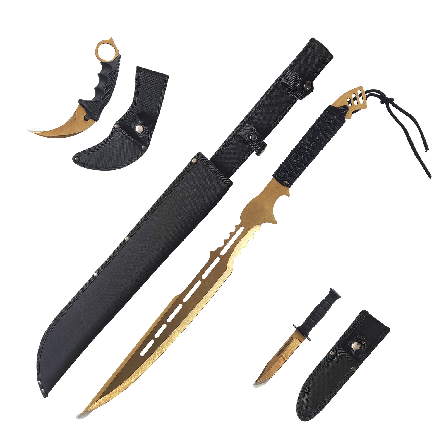 Stainless Steel Gold Color Martial Arts Sword And Knife, Comes With 2 Knives