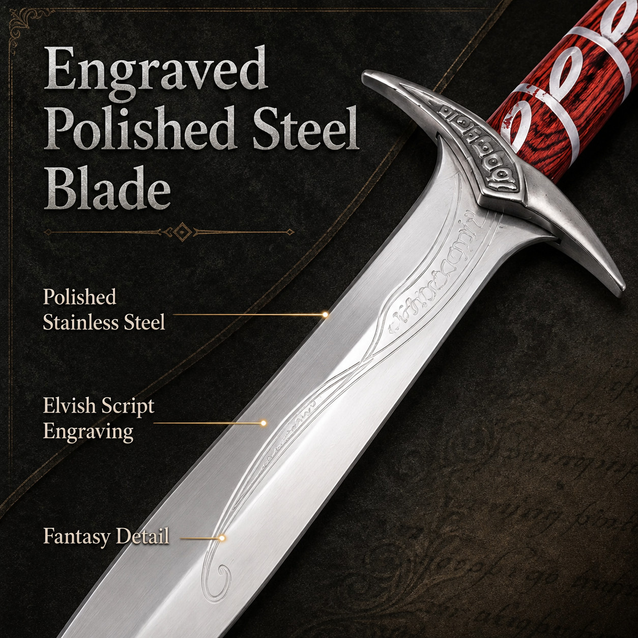 22in Fantasy Elven Decorative Dagger Stainless Steel Blade Leather Sheath