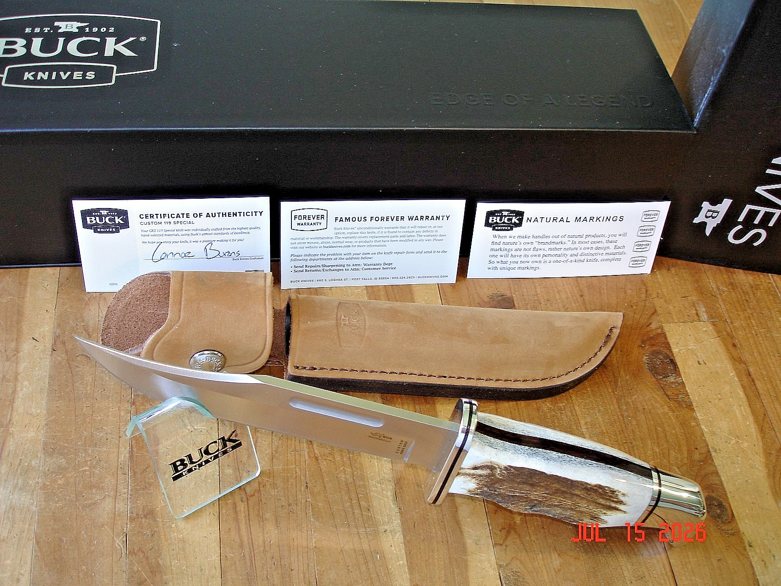 NIB BUCK KNIFE 119 CKS SPECIAL BOS MAGNACUT BLADE ELK ANTLER HANDLE BROWN SHEATH