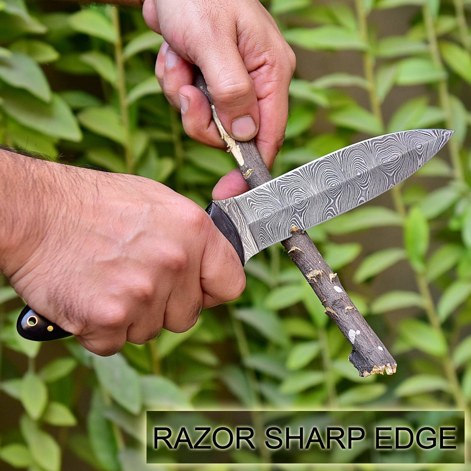 Damascus Steel Blade Double Edge Outdoor Knife for Survival, Camping, Hiking
